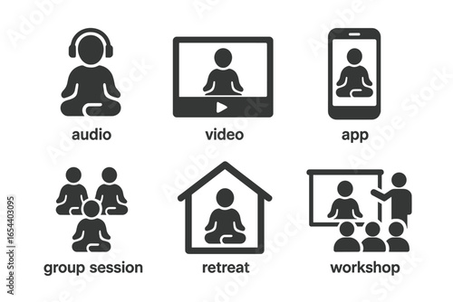 Guided meditation solid icon set. Yoga, mindfulness practice formats. Audio, video, app, group session, retreat, workshop. Wellness, mental health. Vector pictograms.
