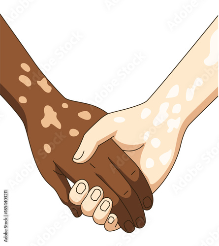 Vitiligo people holding hands. Unique skin pigmentation highlighting natural beauty. World vitiligo day. Skin depigmentation, skin disorder, self acceptance, emotional support.