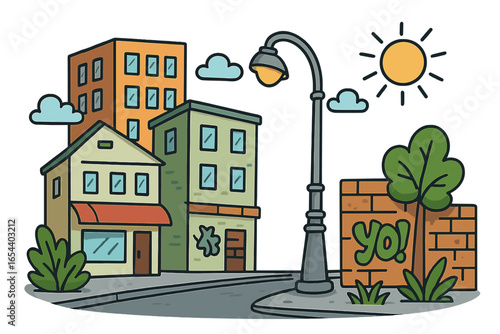 Vibrant urban vector cartoon illustration of city life with modern buildings, streetlamp, graffiti wall, plants, sunny weather, clouds, downtown neighborhood, detailed architecture, road scene