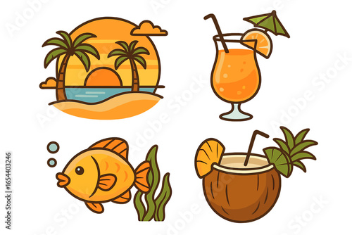 Summer beach tropical paradise vector illustration. Cartoon sunset, palm trees, ocean waves, tropical cocktails, fish, coconut drink, relaxing vacation, exotic island holiday, beach party vibe