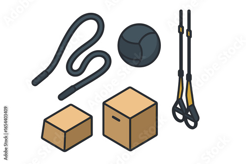 Functional training equipment icon set. Isometric gym icons with battle rope, medicine ball, plyometric box, and suspension trainer. Fitness workout vector illustration.