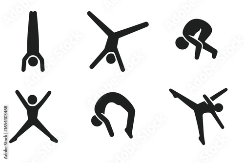 Gymnastics and acrobatics sport icon set. Collection of black silhouette pictograms showing gymnastic moves and poses. Handstand, cartwheel, somersault, split leap, backbend.