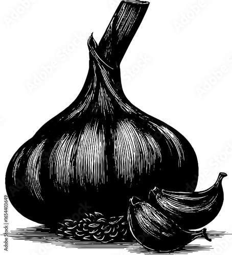 Vintage engraved illustration of garlic bulb with cloves for culinary designs