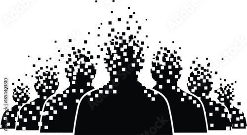 Abstract silhouette of a group of people connected by digital pixels