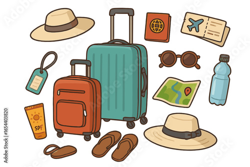 Summer vacation travel essentials vector illustration. Suitcases, flight ticket, sun hats, sunglasses, sunscreen, beach sandals, luggage tag, passport, map, and water bottle isolated on white.