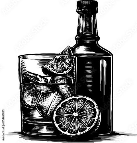 Vintage engraving of gin and tonic glass with bottle and citrus garnish