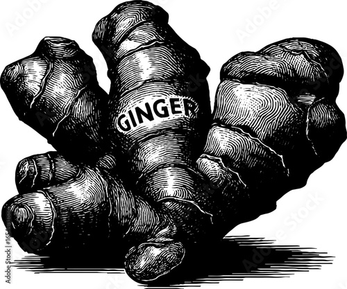 Hand drawn engraving of ginger root with knobs for retro culinary designs