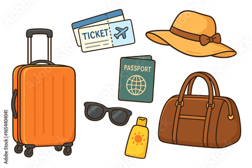 Essential travel accessories vector set. Suitcase, airline tickets, sun hat, sunglasses, passport, travel bag, sunscreen. Holiday luggage items. Vacation preparation. Cartoon illustration isolated.