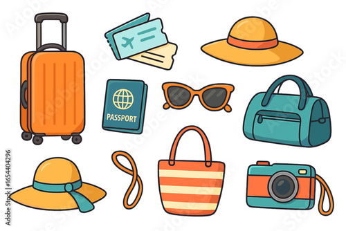 Travel essentials vector set with suitcase, airplane tickets, passport, sun hats, sunglasses, striped beach bag, duffel bag, camera, vacation accessories cartoon illustration