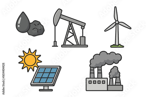 Diverse energy sources fossil fuels coal oil gas renewable energy wind solar industrial pollution vector cartoon icons illustration climate change power generation environmental impact