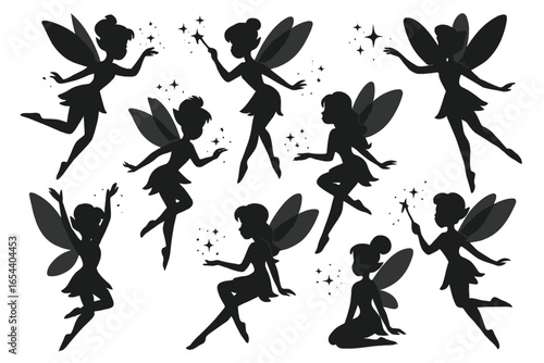 Fairy silhouette set vector illustration. Whimsical magical pixie figures in dancing and posing poses with sparkles. Fantasy cartoon fairy wings, enchanted sprites collection. Transparent background.