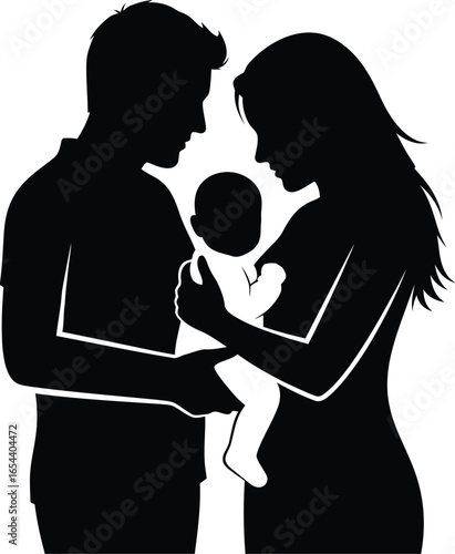 Silhouette of a loving family with a newborn baby, a tender image of parenthood and affection in a simple graphic design