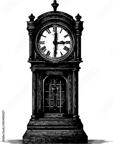 Antique grandfather clock engraving - retro timepiece design for vintage decor