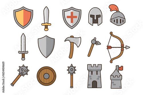 Medieval Weapons and Armor Vector Set—Flat Design Style, Shields, Swords, Helmets, Axes, Bow, Arrow, Castle, Tower, Shields, Cross Symbol, Knight Elements, Cartoon Illustration, Transparent Background