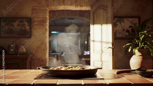 Wallpaper Mural Steaming Skillet of Savory Dish on Tiled Countertop in Sunlit Rustic Kitchen a Foodie Delight Perfect for Recipe Demos and Culinary Content Advertisement Featuring Warm Sunlight and Home Cooking Vibe Torontodigital.ca