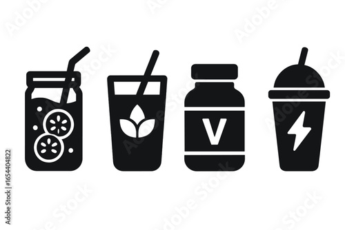 Health drink solid icon set. Healthy lifestyle beverage collection. Detox water, green juice, vitamin supplement, energy drink, smoothie pictogram. Vector graphic symbol.