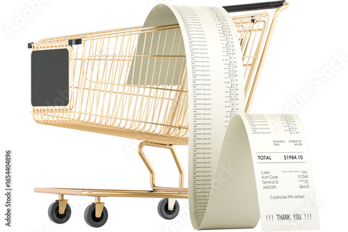 Golden shopping cart with long receipt, transparent background