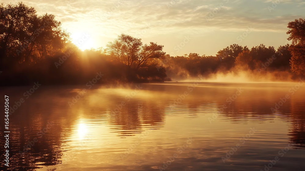Obraz premium Golden sunrise over lake scenic landscape nature photography tranquil morning light reflection water trees