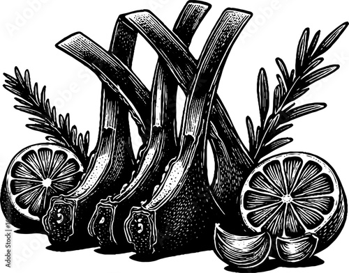 Vintage engraving of grilled lamb chops garnished with lemon and rosemary
