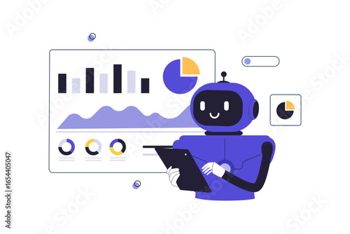 AI Robot Data Analysis and Visualization Illustration. Vector Flat Illustration