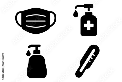 Health precaution solid glyph icon set. Face mask, hand sanitizer, soap dispenser, thermometer. Medical safety and hygiene concept for virus prevention, pandemic, covid.