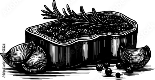 Engraved illustration of grilled steak with rosemary and garlic garnish for culinary design