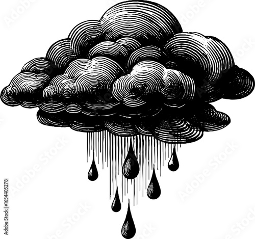 Vintage engraved illustration of hailstones falling from cloud for weather poster design