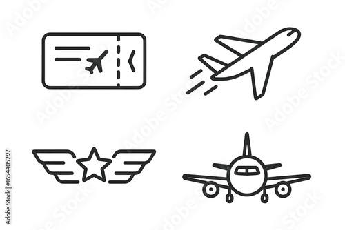 Minimalist vector icons collection of air travel concepts, airplane ticket, flying airplane, front view aircraft, pilot wing insignia, modern aviation illustration isolated transparent background