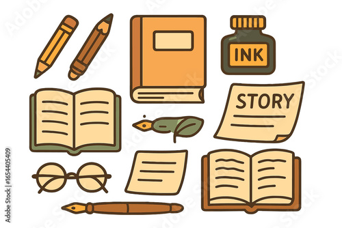Vintage writing tools, literature items, ink bottle, open book, glasses, story paper, feather pen, pencils, stationary, reading and storytelling concept. Retro creative vector illustration set.