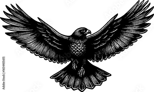 Majestic hawk in flight engraving for vintage design and decor