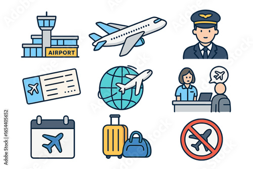 Airline Travel and Airport Icon Set – Vector Illustration Showcasing Airplane, Luggage, Flight Ticket, Pilot, Check-In Counter, Globe, Flight Calendar, No Flight, Terminal and Travel Elements