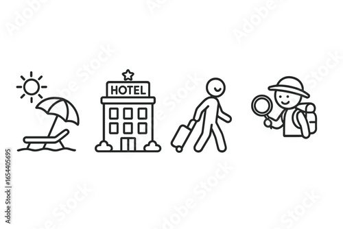 Minimalist Travel Vacation Icons Set Featuring Beach Sunbathing, Hotel Stay, Tourist Arrival, Adventure Exploration, Summer Holiday Activities, Tourism Symbol, Outline Vector Illustration
