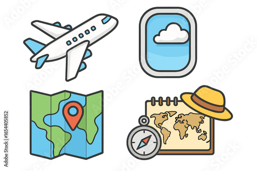 Airplane Journey Adventure Icons Set. Travel Map, Flight Window, Navigation Compass, Vacation Planning Elements. Colorful Vector Illustration. Trip, Tourism, Exploration Symbols for Travel Guides.