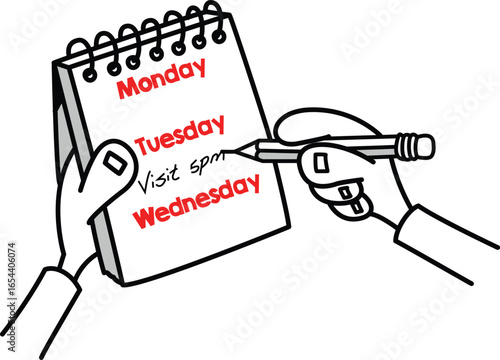 "Doodle Cartoon Hand Writing Reminder in Weekly Planner - Schedule or Appointment Concept Vector"