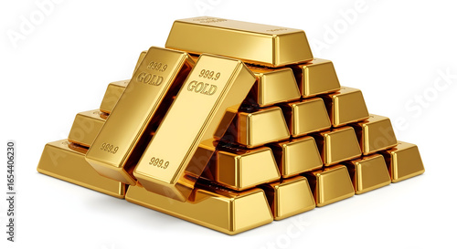 Wallpaper Mural Stacked gold bars and bullion pile with polished reflective surfaces on white background for finance and wealth concept Torontodigital.ca