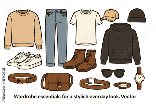Stylish Everyday Wardrobe Essentials Vector Cartoon Illustration. Casual Clothing, Jeans, Sweater, Hoodie, T-shirt, Boots, Sneakers, Hats, Belt, Watch, Sunglasses, Accessories Transparent Background