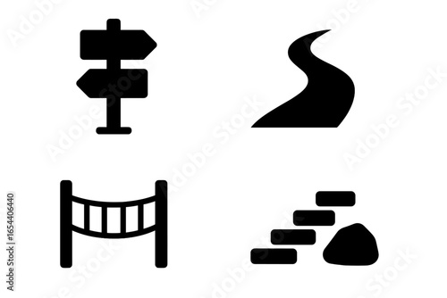 Hiking trail solid filled icon set. Includes wooden signpost for direction, winding footpath, rope bridge, and rock steps. Vector illustration for outdoor adventure and trekking.