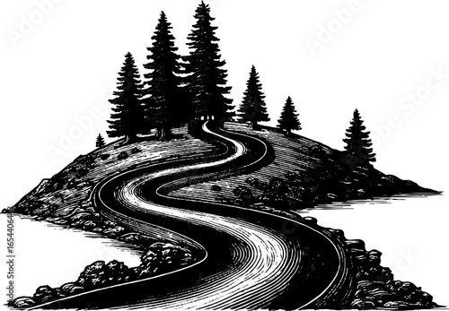 Serene mountain path etching with winding trail and pine trees - nature adventure design