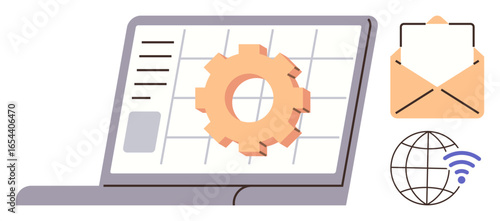 Laptop displaying a gear icon on the screen next to an open email envelop and globe with wireless, symbolizing technology, communication, global connectivity, collaboration, digital workflow, email