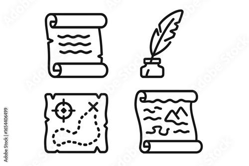 Historical mystery icon set with ancient treasure map, old parchment scroll, and feather quill pen. Vintage manuscript, document, and letter line art vector symbols.