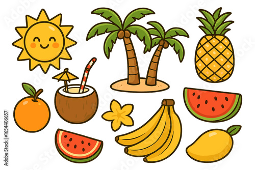 Tropical sun, palm trees, and exotic fruits vector illustration set. Summer vacation vibes, fresh orange coconut drink, pineapple, banana, watermelon, mango. Beach paradise cartoon icons.