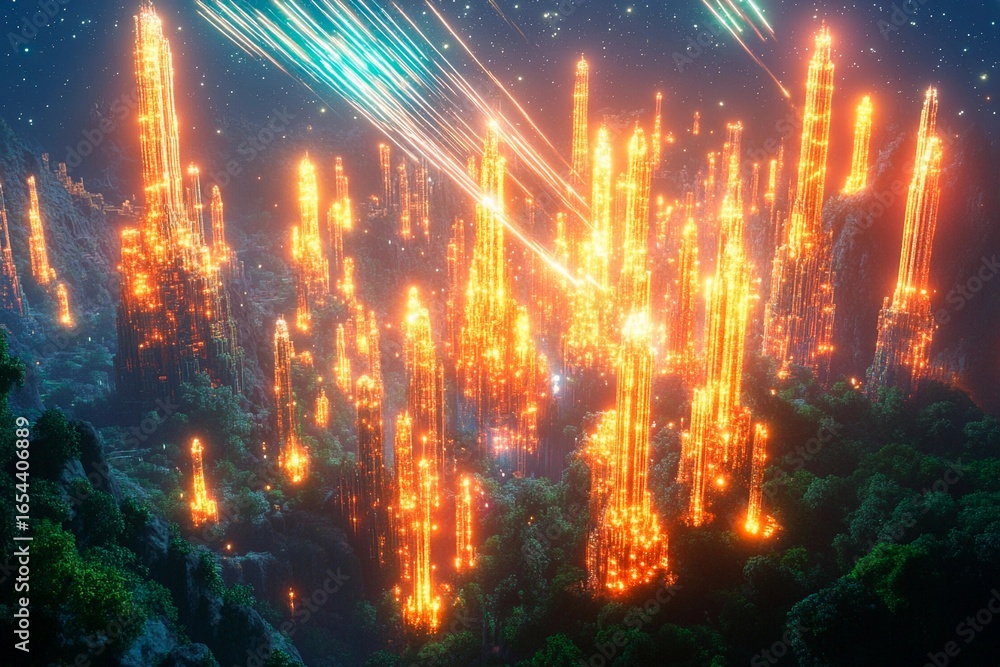 Obraz premium Glowing city illuminates the sky as shooting stars cascade through the night