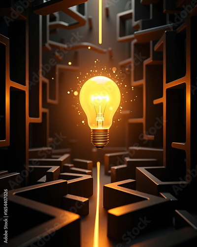 Business concept illustration of a glowing lightbulb symbolizing innovation, creativity, inspiration, and new ideas for corporate growth, leadership, vision, solutions, and future development strategy