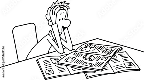  "Frustrated Cartoon Character Reading Newspapers - Doodle Style Job Search or Information Overload Vector"