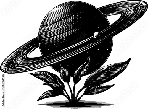 Engraved jupiter planet with rings and leaves design for celestial themes