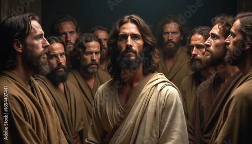 Jesus Christ gathers with twelve apostles. Religious painting shows Jesus, disciples wearing simple robes, discussing faith, mission. Biblical scene from New Testament scripture, representing