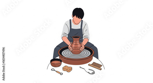 Handmade Pottery making illustration, artisan crafting clay on potter’s wheel 