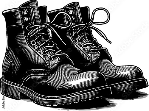Vintage engraving of leather boots with laces - retro fashion design for print and cards