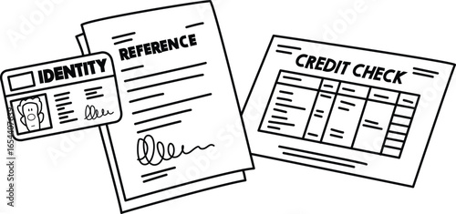 "Hand Drawn Vector of Identity, Reference, and Credit Check Documents - Doodle Style Verification Concept"