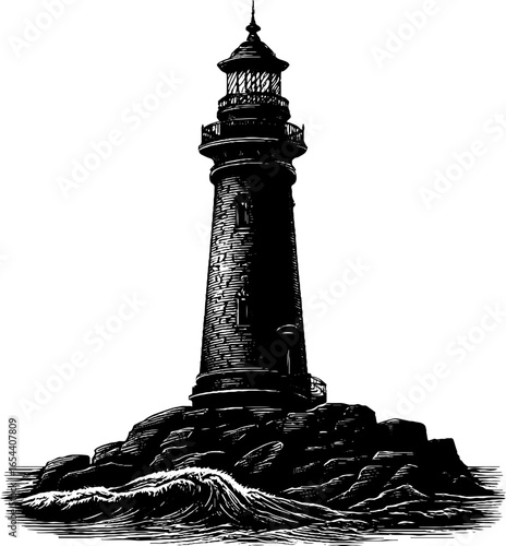Engraved lighthouse on rocky shore silhouette for nautical decor
